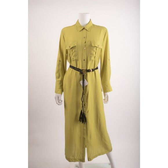 Zara Womans Shirt Dress Midi Size S Lime Green Belted button front 3897/054 NWT - Picture 1 of 6